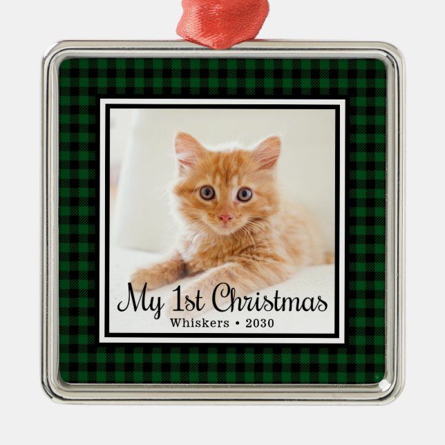 Cat First Christmas Photo Metal Ornament (Front)