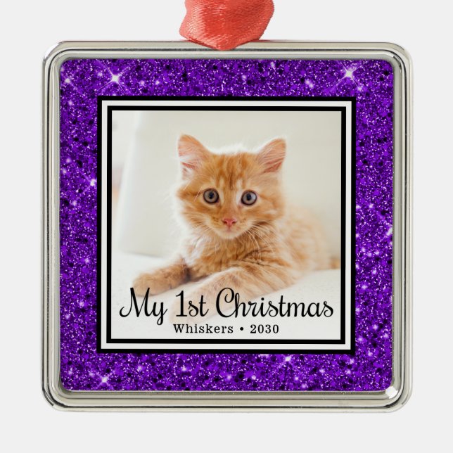 Cat First Christmas Photo Metal Ornament (Front)