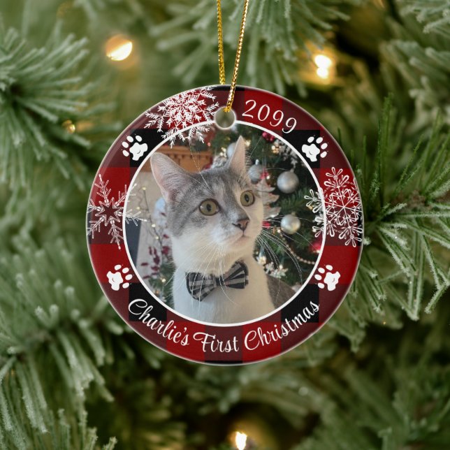 Cat First Christmas Red Black Plaid Photo Ceramic Ornament (Tree)