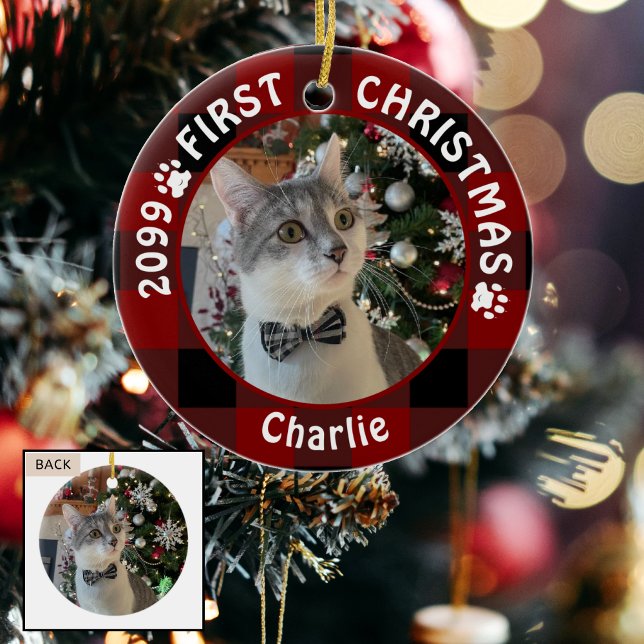 Cat FIRST CHRISTMAS Red Buffalo Plaid 2 Photo Ceramic Ornament (Creator Uploaded)