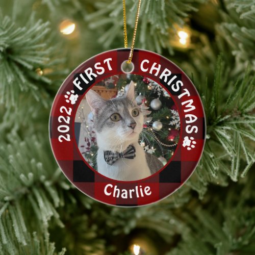 Cat FIRST CHRISTMAS Red Buffalo Plaid Plaid Ceramic Ornament