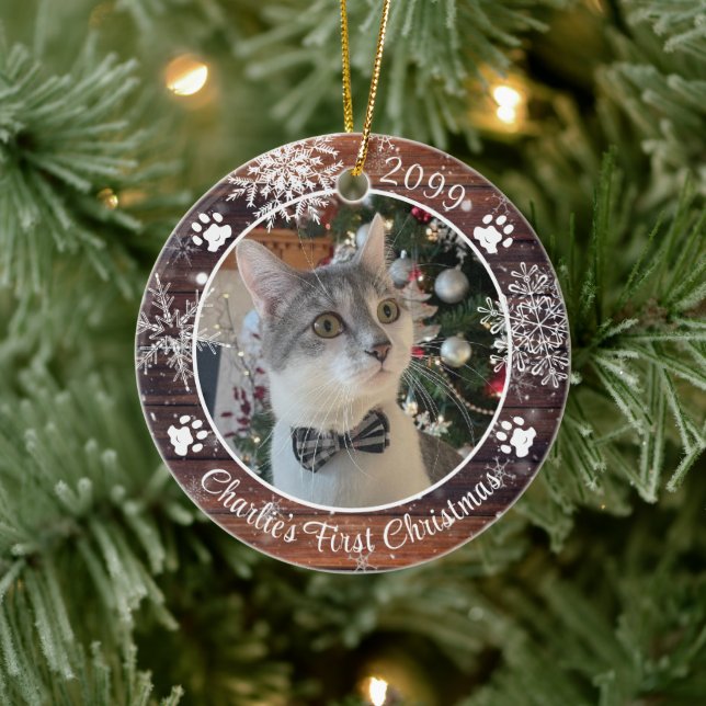 Cat First Christmas Rustic Wood Snowflake Photo Ceramic Ornament (Tree)