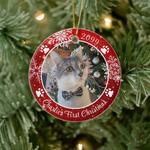 Cat First Christmas Snowflake Photo Red White Ceramic Ornament