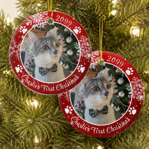 Cat First Christmas Snowflake Photo Red White Ceramic Ornament