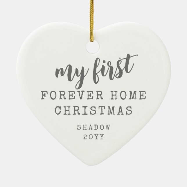 Cat First Forever Home Christmas White Heart  Ceramic Ornament (Back)