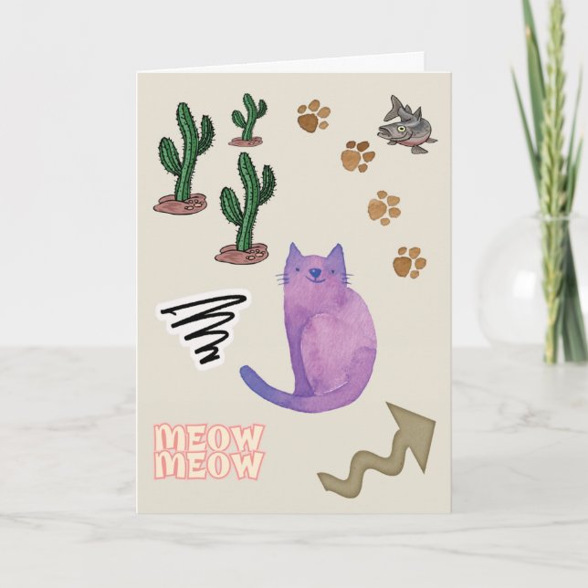 Cat Fish Cactus Paws Meow Greeting Card (Front)