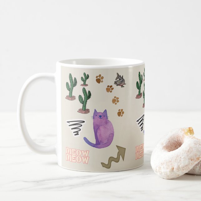Cat Fish Meow Paws Cactus Mug (With Donut)