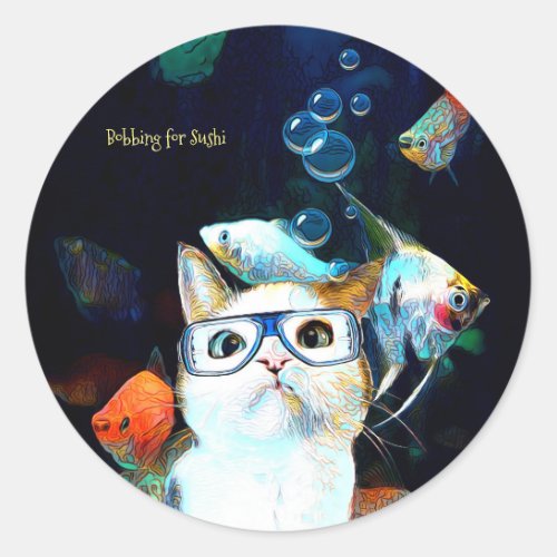Cat Fish Sushi Humor Funny Fantasy Round Sticker