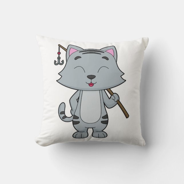 Cat Fishing Fisher Finshing rod Throw Pillow (Front)