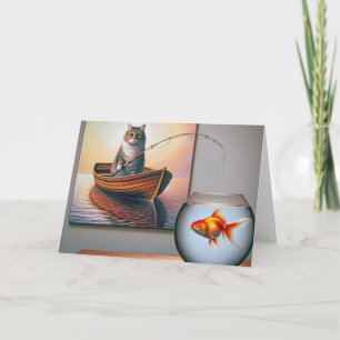Cat Fishing For a Goldfish Birthday Card