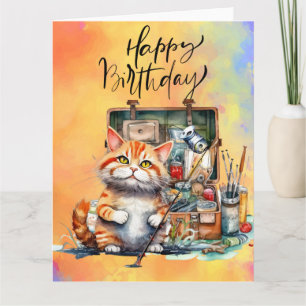 Cat Fishing lovers birthday watercolor Card