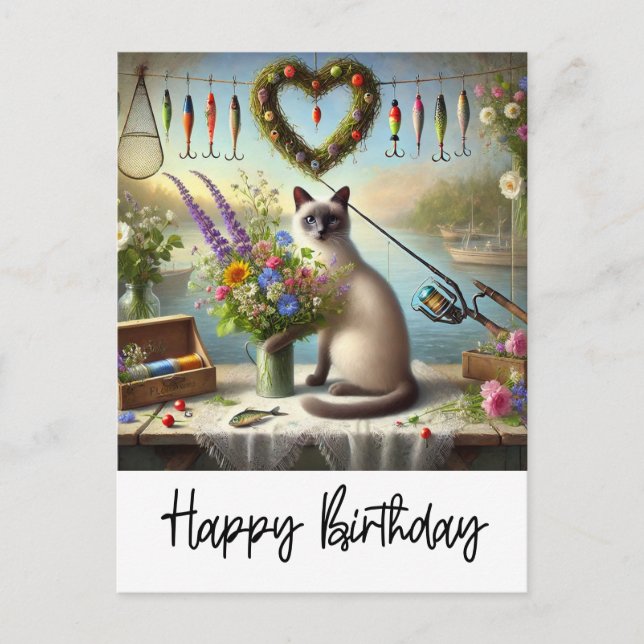 Cat Fishing Lovers drinking Coffee Birthday  Postcard (Front)
