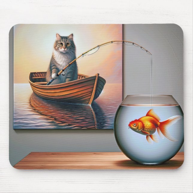 Cat Fishing Painting With Goldfish Mouse Pad (Front)