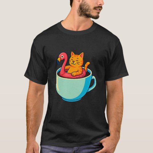 Cat Flamingo Floatie Coffee Cup Funny Chill Kitty  T-Shirt
