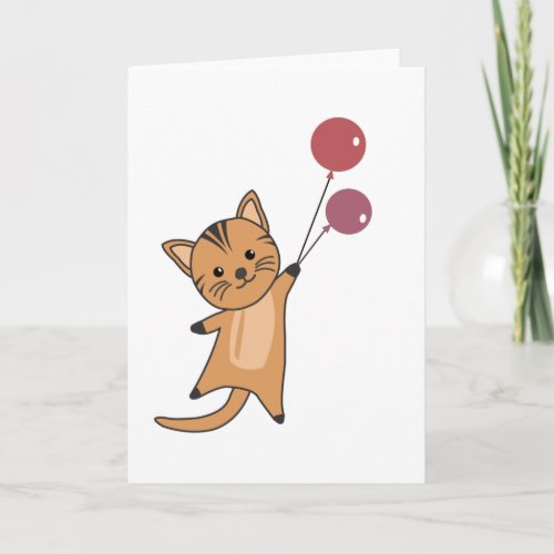 Cat Flies Up With Balloons Cute Animals Card