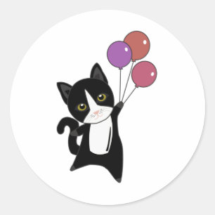 Cat Flies Up With Colorful Balloons Classic Round Sticker