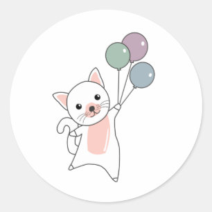 Cat Flies Up With Colorful Balloons Classic Round Sticker