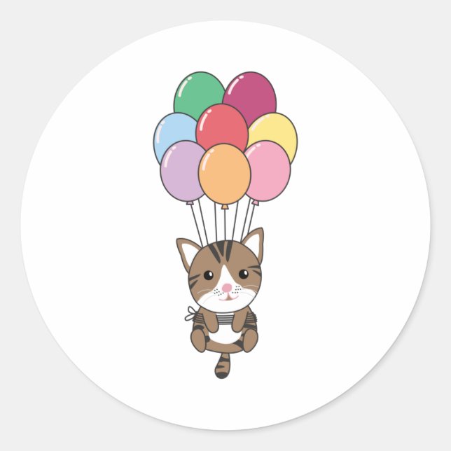 Cat Flies Up With Colorful Balloons Classic Round Sticker (Front)
