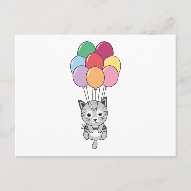 Cat Flies Up With Colorful Balloons Postcard (Front)