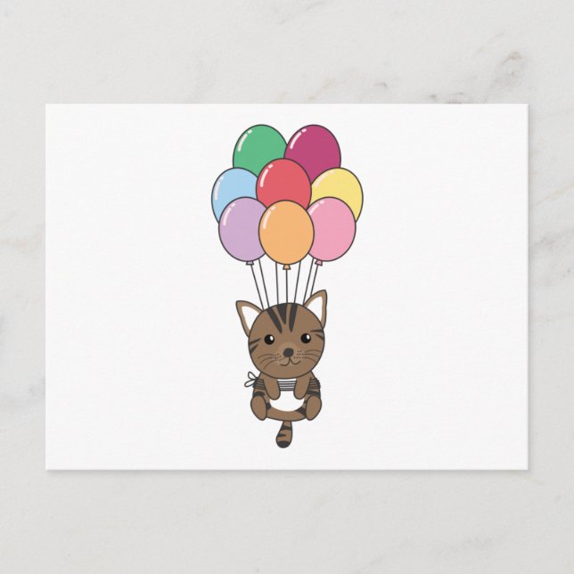 Cat Flies Up With Colorful Balloons Postcard (Front)