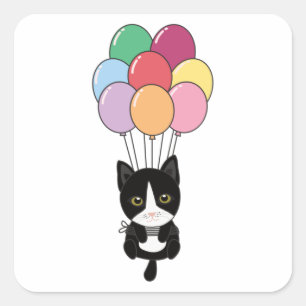 Cat Flies Up With Colorful Balloons Square Sticker