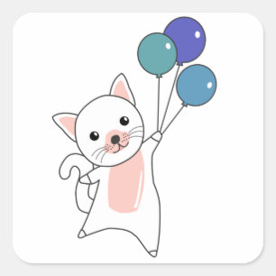 Cat Flies Up With Colorful Balloons Square Sticker
