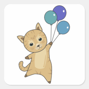 Cat Flies Up With Colorful Balloons Square Sticker