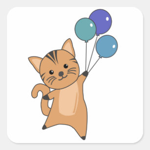 Cat Flies Up With Colorful Balloons Square Sticker