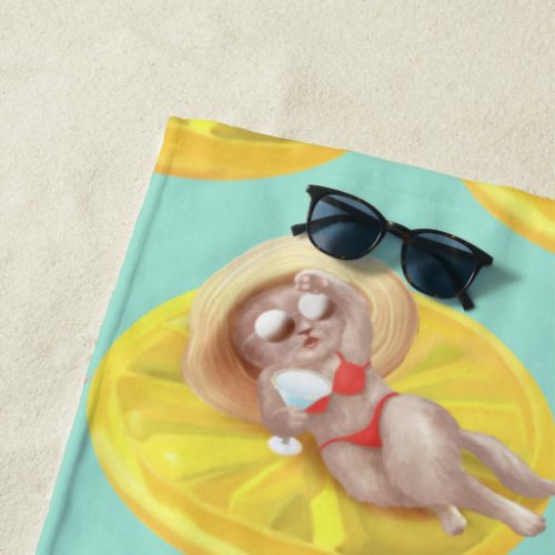 Cat Floating on Lemon Pool Float Beach Towel