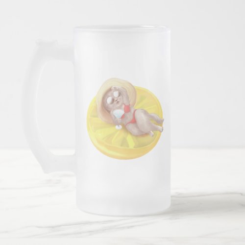 Cat Floating on Lemon Pool Float Frosted Glass Beer Mug