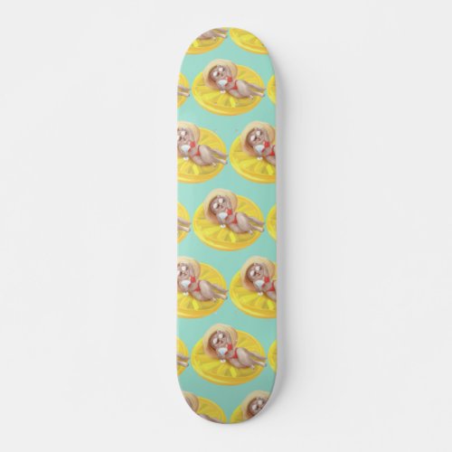 Cat Floating on Lemon Pool Float Skateboard