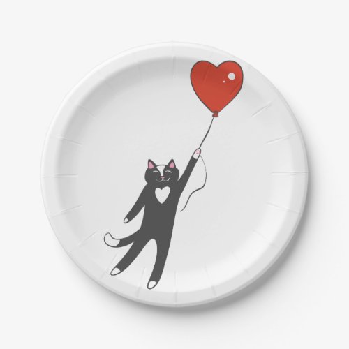 Cat floating tied to a balloon _ Choose back color Paper Plates