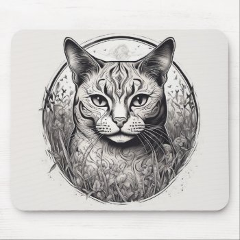 Cat Floral Black White Close Up Flowers Detailed  Mouse Pad by Frasure_Studios at Zazzle