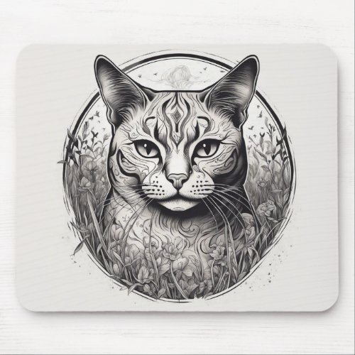 Cat Floral Black White Close Up Flowers Detailed  Mouse Pad