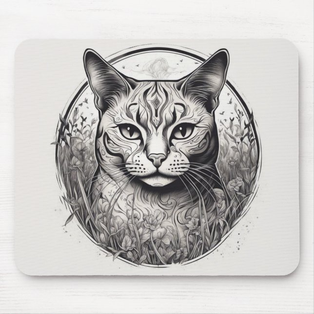 Cat Floral Black White Close Up Flowers Detailed  Mouse Pad (Front)