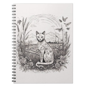 Cat Floral Black White Close Up Flowers Detailed Notebook