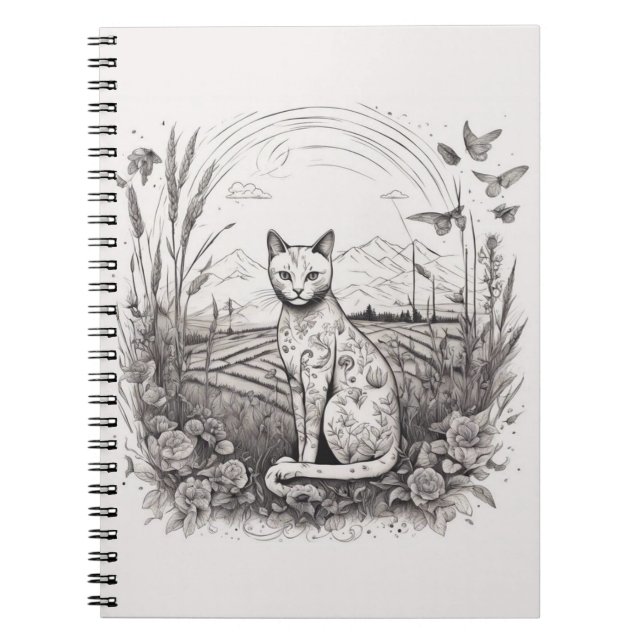Cat Floral Black White Close Up Flowers Detailed  Notebook (Front)