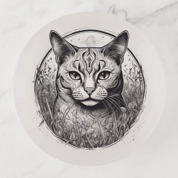 Cat Floral Black White Close Up Flowers Detailed  Trinket Tray by Frasure_Studios at Zazzle