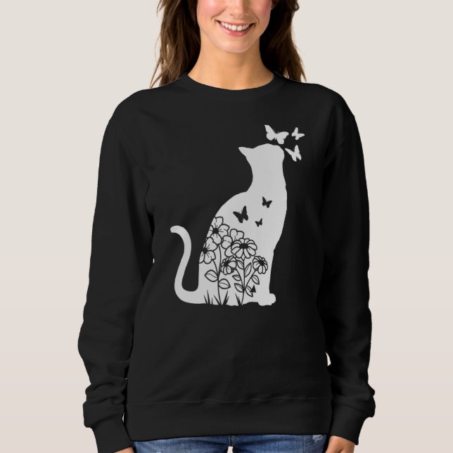 Cat  Floral Butterfly Flowers Women Girls Cat Mom  Sweatshirt (Front)