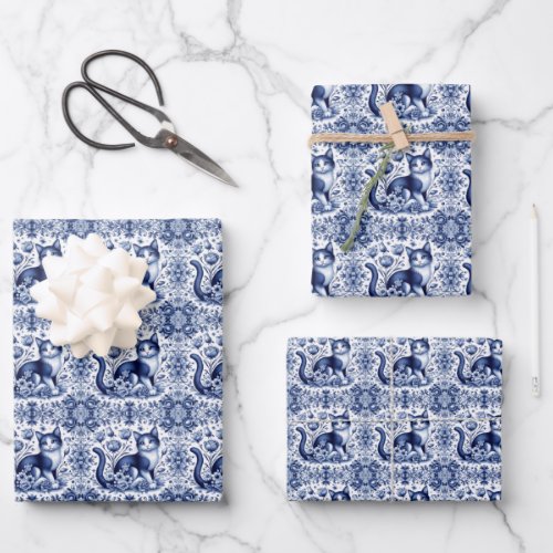 Cat Floral Elegant English Delft Ware Blue White  Wrapping Paper Sheets