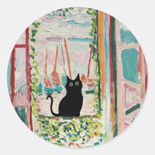 Cat Floral Matisse Famous Open Window Black Cat Classic Round Sticker