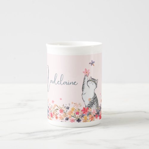 Cat Floral Pink Whimsical Hot Chocolate  Bone China Mug