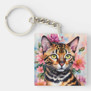 Cat Floral Watercolor Portrait Keychain
