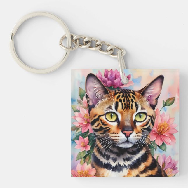 Cat Floral Watercolor Portrait Keychain (Front)
