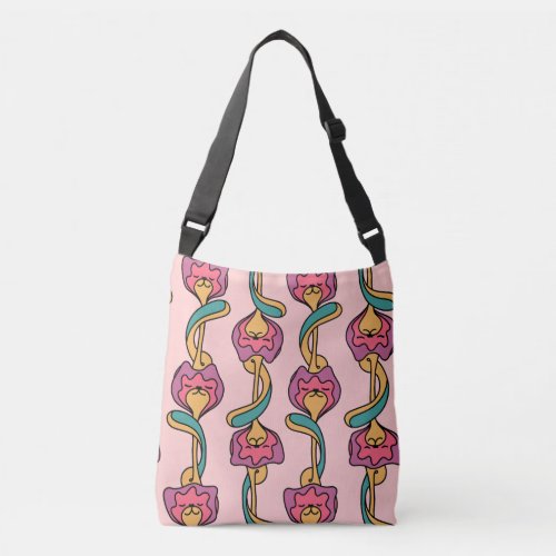 Cat flower groovy pattern cute and funny kitten crossbody bag