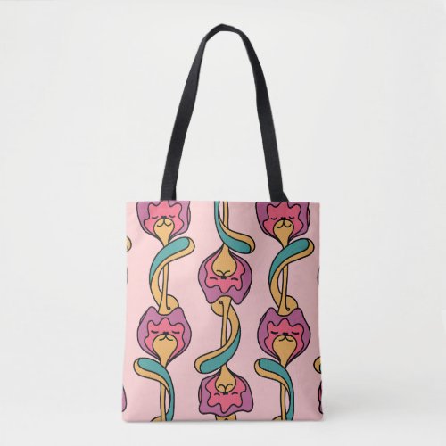 Cat flower groovy pattern cute and funny kitten tote bag