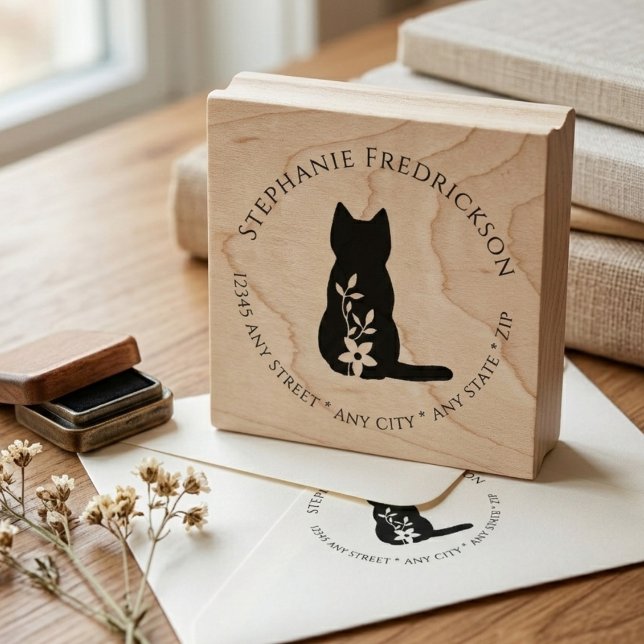 Cat & Flower Return Address Rubber Stamp (Cat lover return address rubber stamp)
