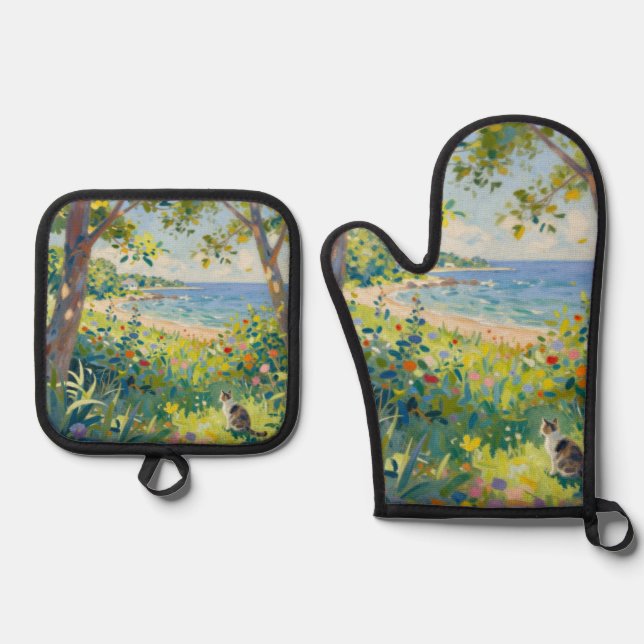 Cat Flowers And Sea Oven Mitt & Pot Holder Set (Front)