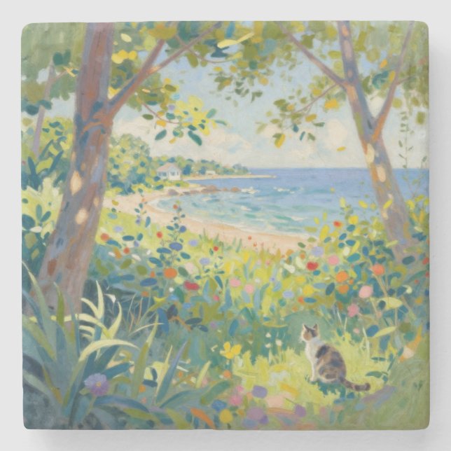 Cat Flowers And Sea Stone Coaster (Front)