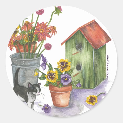 Cat Flowers Birdhouse Watercolor Willie Classic Round Sticker